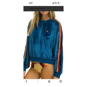 NWOT Aviator Nation Blue Velvet Women's Sweatshirt w Rainbow Stripe Sleeves sz M